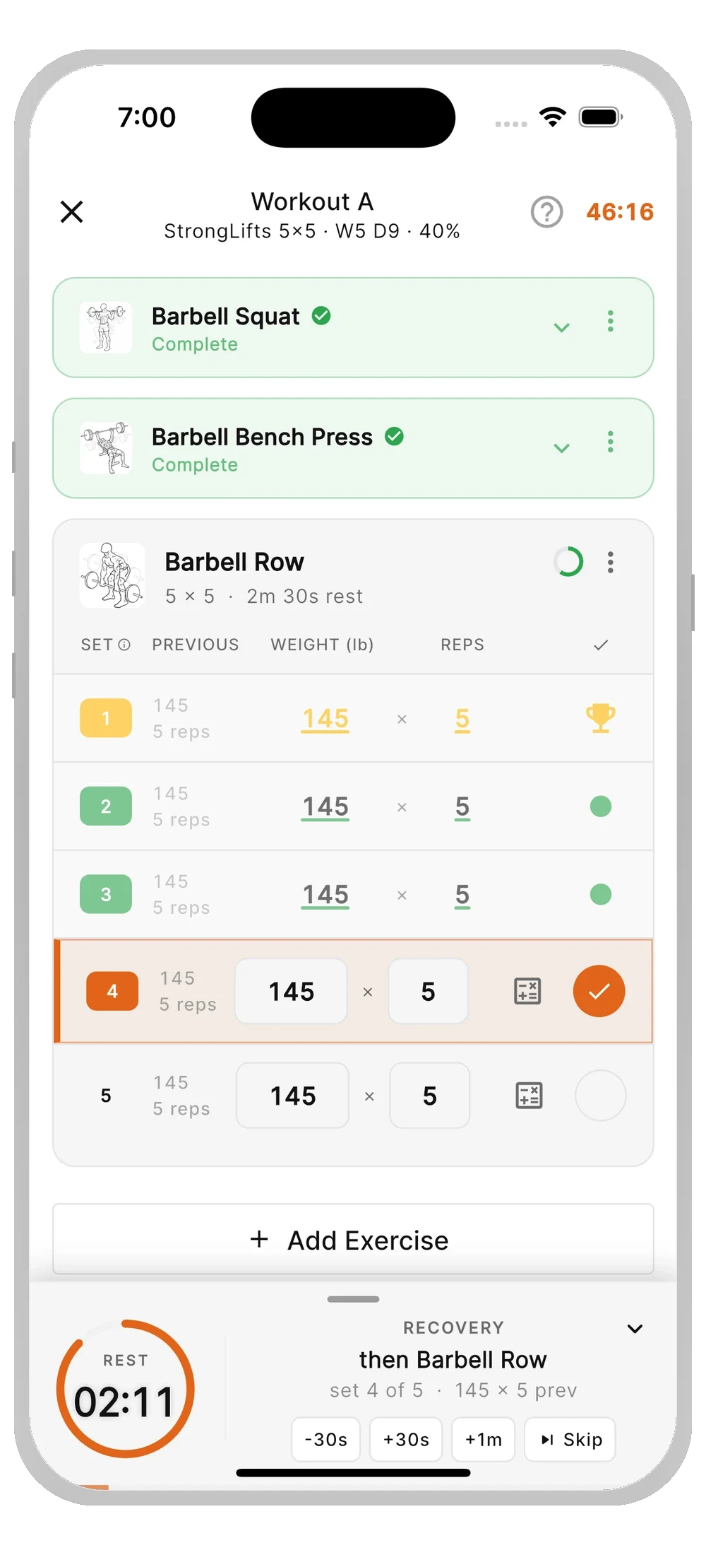 Massiv workout screen showing prescribed working weights for a 5/3/1 session