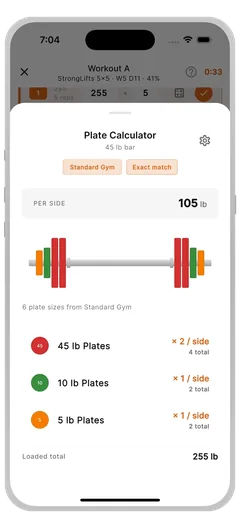 Massiv's plate calculator showing which plates to load on each side of the bar