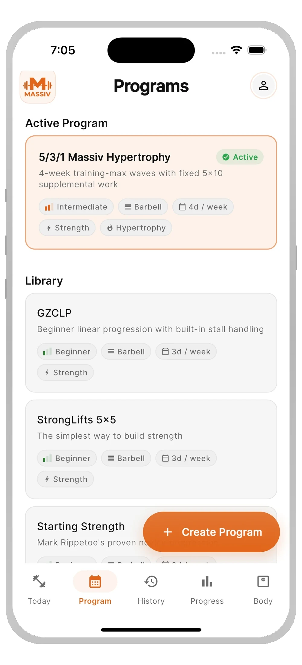 Massiv program library screen